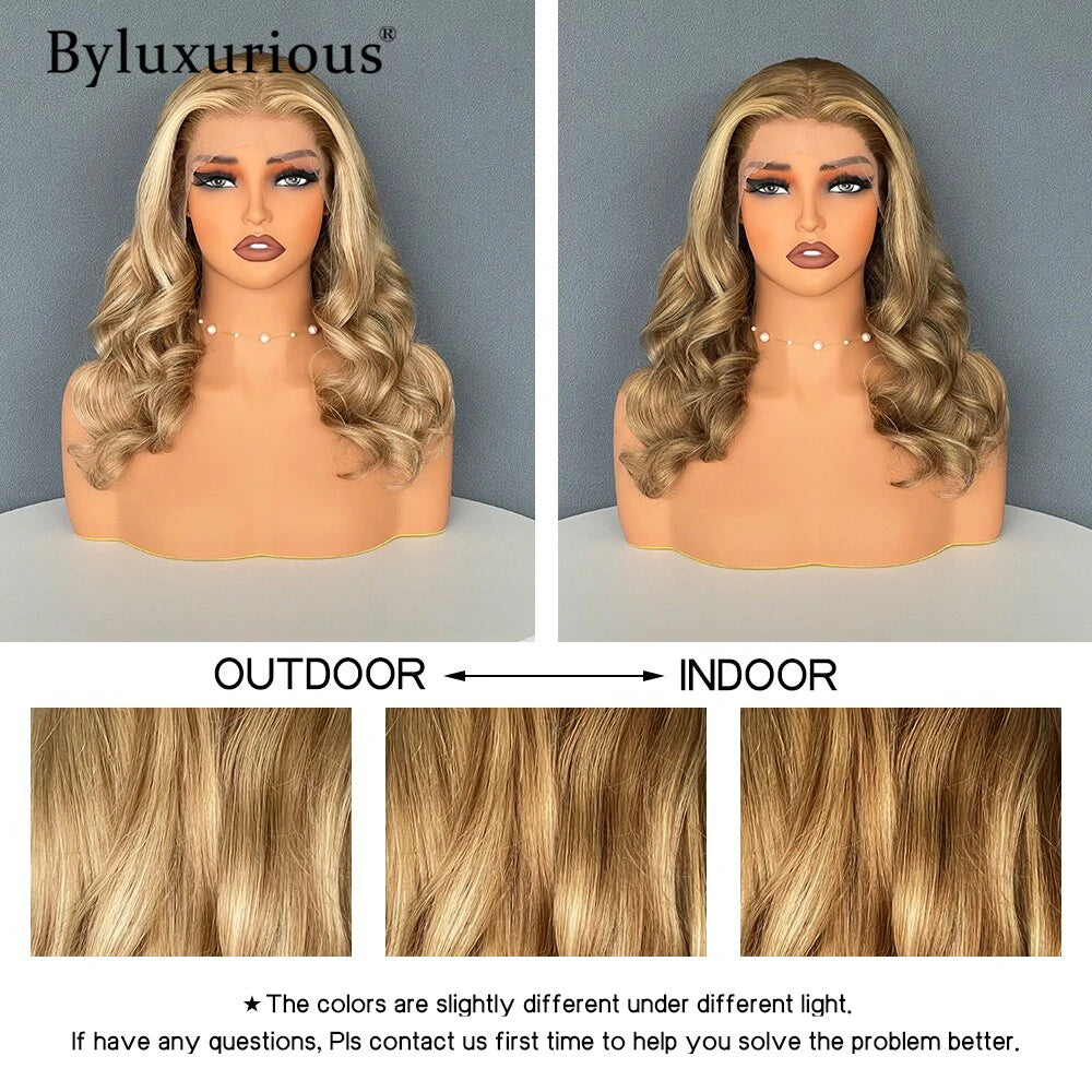 Byluxurious Highlight Misty Moon Gilded Balayage 100% Virgin Hair Wig 190% Density Beachy Waves 13x4 Upgrade Nude Color Lace Wig