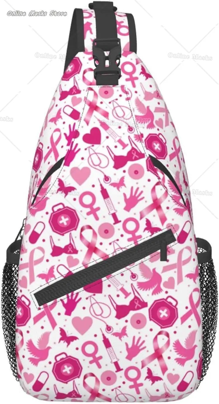 Breast Cancer Pink Awareness Ribbon Sling Bag for Women Girls Shoulder Backpack Chest Bags Crossbody Daypack for Hiking Camping