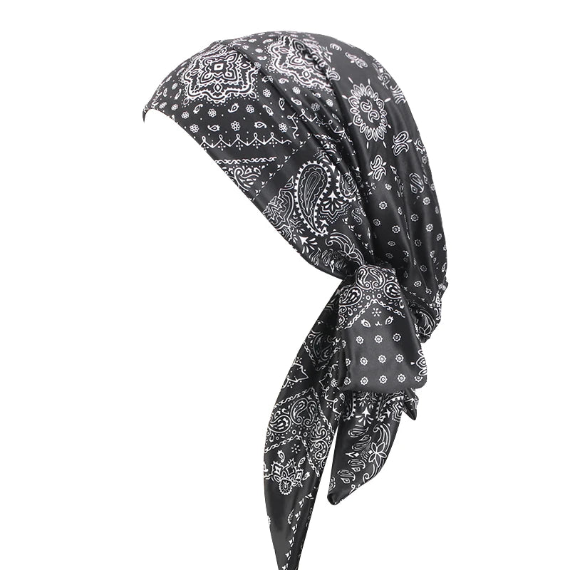 Cap Elastic Print Flower Pre-Tied Long Tail Headscarf Wrap Chemo Bonnet or Band