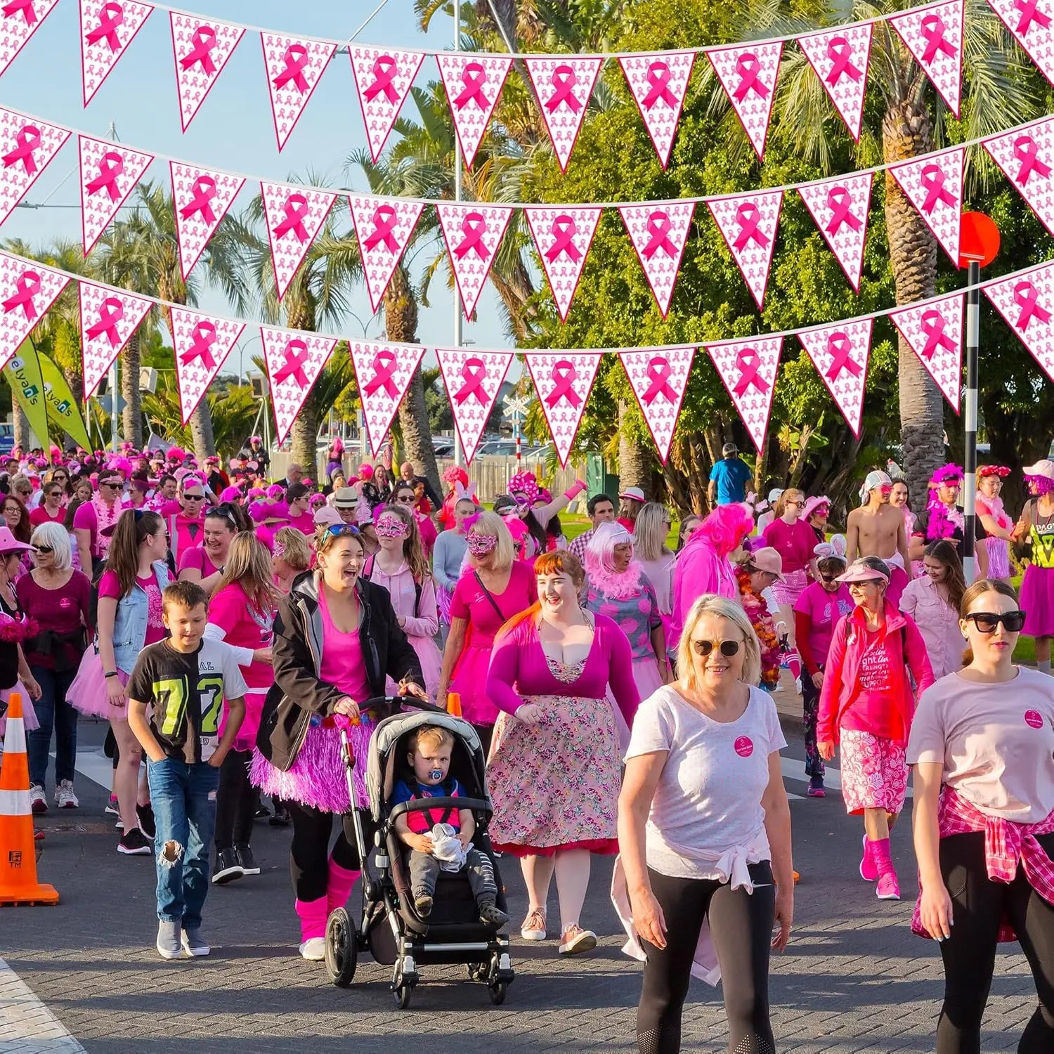 100FT Pink Ribbon Banner-60 PCS Breast Cancer Awareness Pennant Flags to Celebrate someone,  Pre-assembled Decor for Outdoor Indoor Party Wall