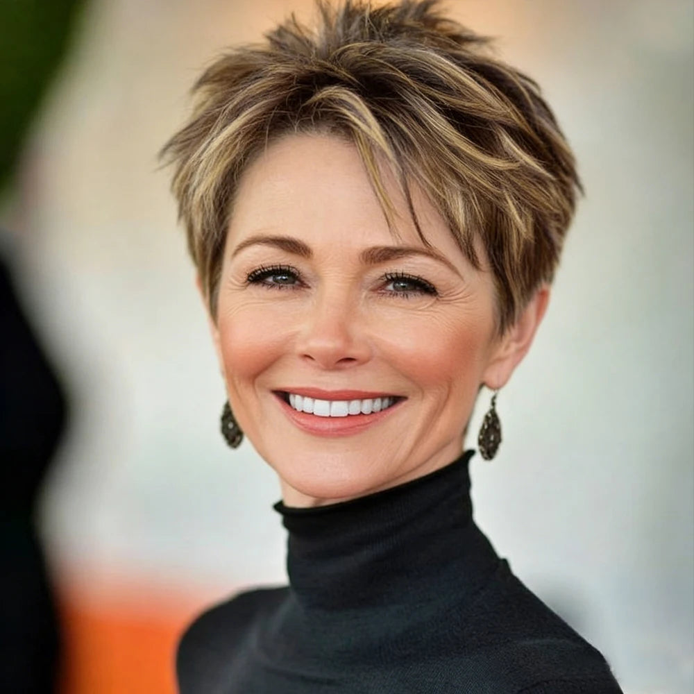 Short Brown Mixed Golden Highlights Human Hair Full Machine-Made Pixie Cut Wig for Black Women