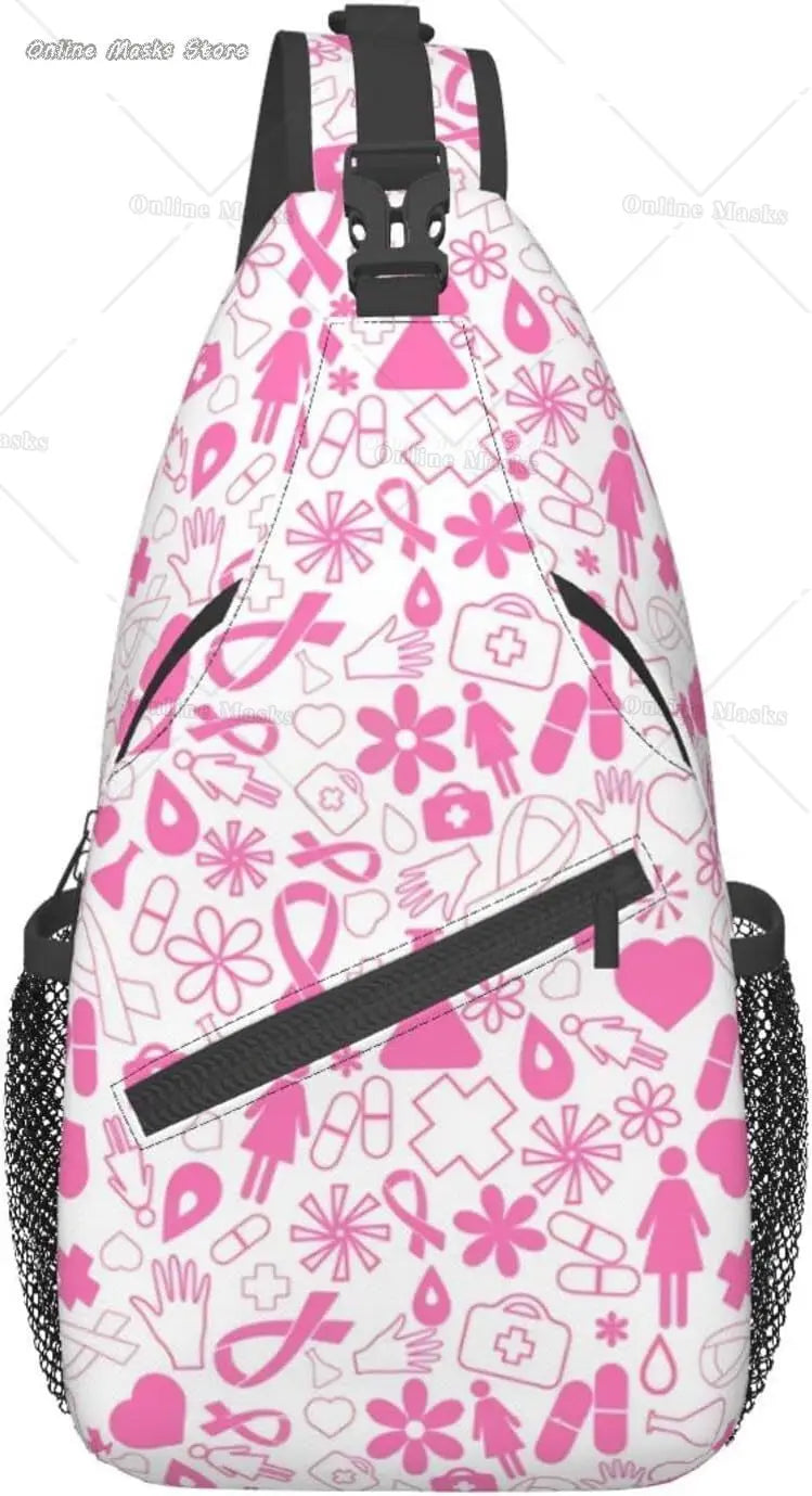 Breast Cancer Pink Awareness Ribbon Sling Bag for Women Girls Shoulder Backpack Chest Bags Crossbody Daypack for Hiking Camping