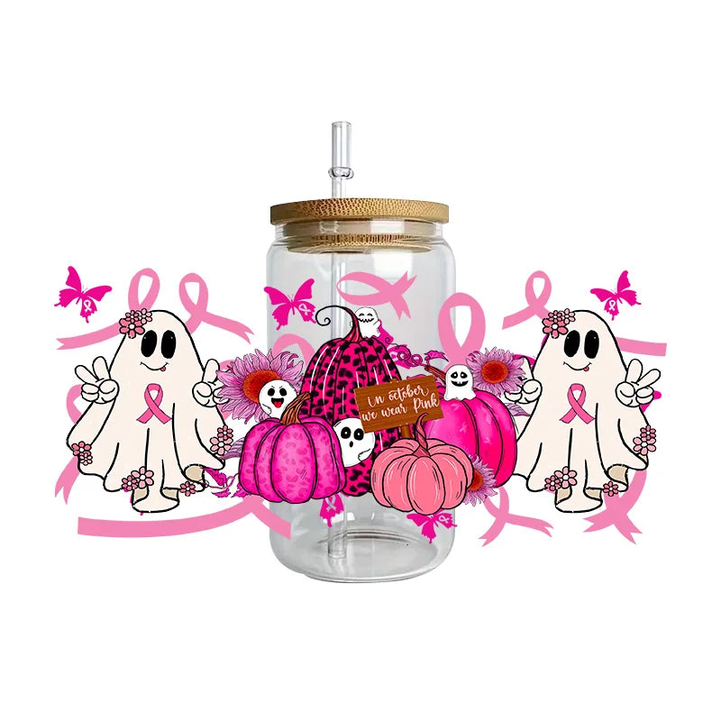 Pink Ribbon Affirmation Cup Wraps Decals for 16oz Libbey Glass Breast Cancer Awareness 3D Transfer Stickers UV DTF Cup Wraps
