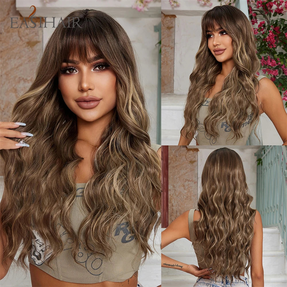 EASIHAIR Sandy Blonde Golden Wavy Synthetic Wigs with Long Hair Wigs for Women Natural Heat Resistant