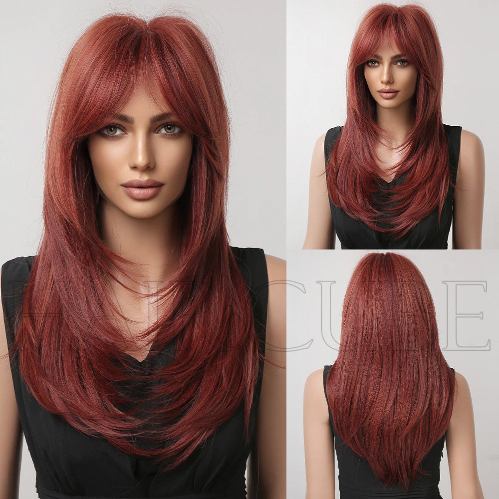 European and American wig, high level wig with bangs, gradient gold, brown, red wig for women's daily wear