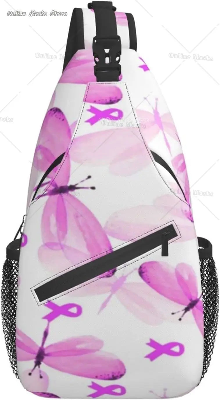 Breast Cancer Pink Awareness Ribbon Sling Bag for Women Girls Shoulder Backpack Chest Bags Crossbody Daypack for Hiking Camping