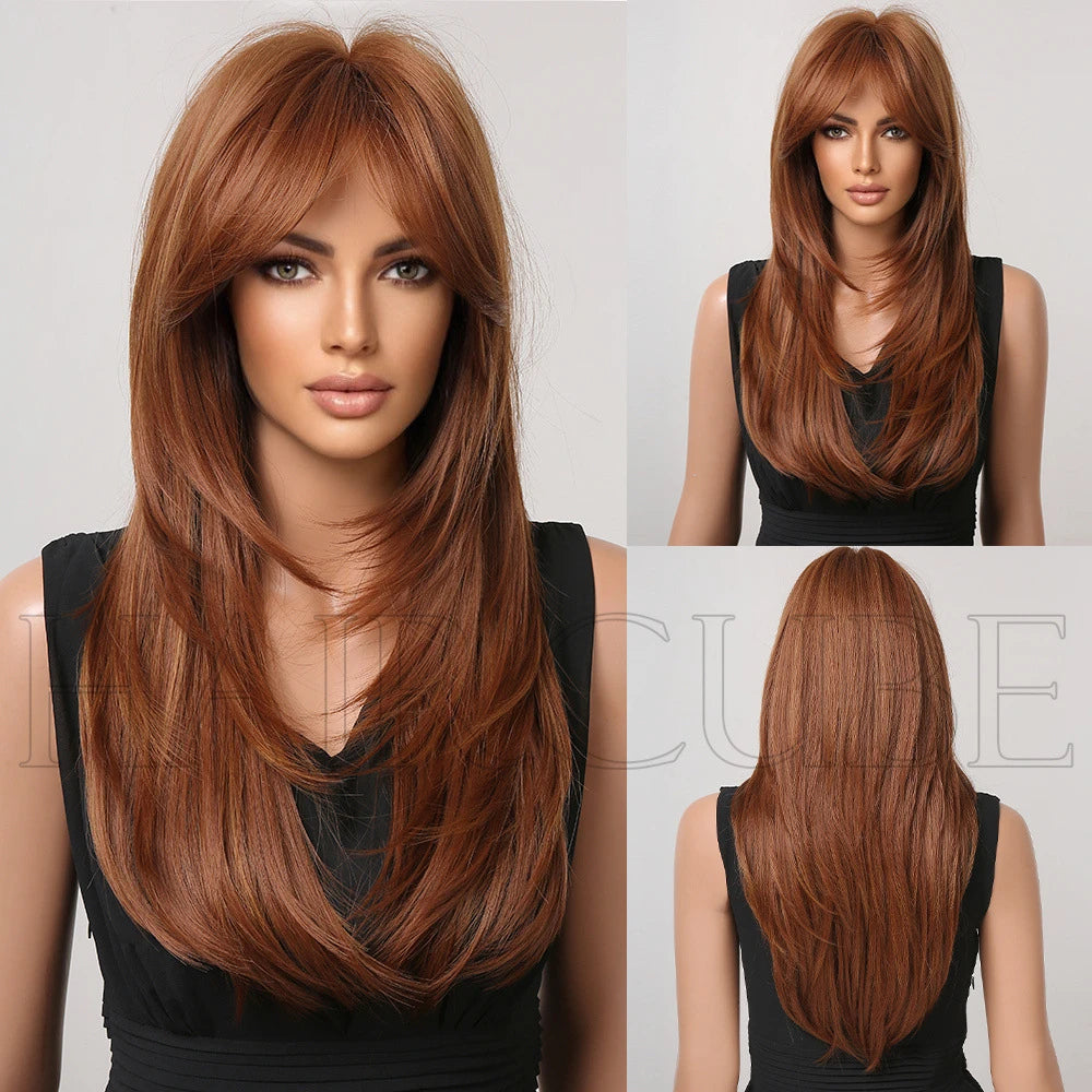 European and American wig, high level wig with bangs, gradient gold, brown, red wig for women's daily wear