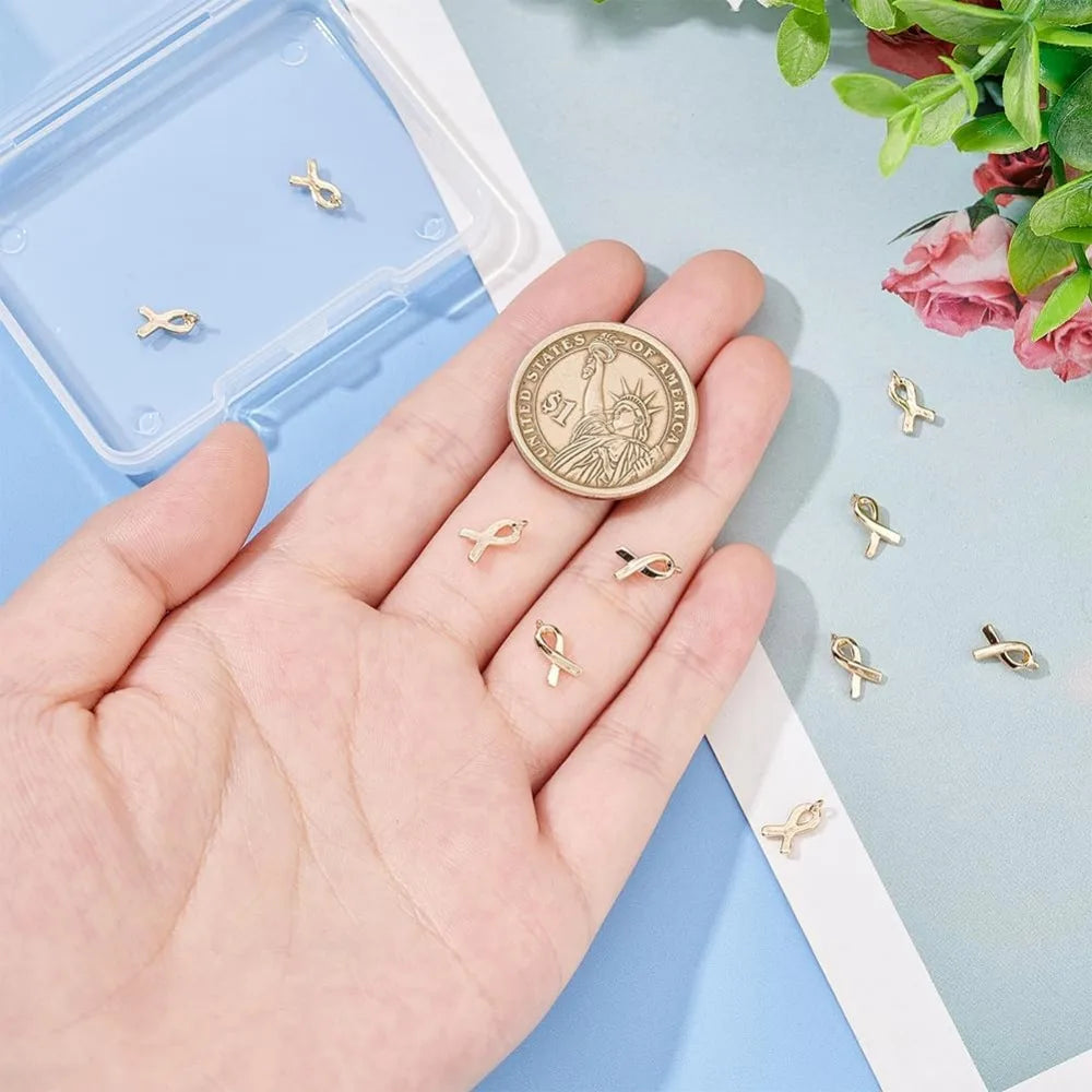 10pcs CHARM to put on necklace; Gold Plated Awareness Ribbon Charms Breast Cancer Brass Hope Awareness Pendant Charms with Loop