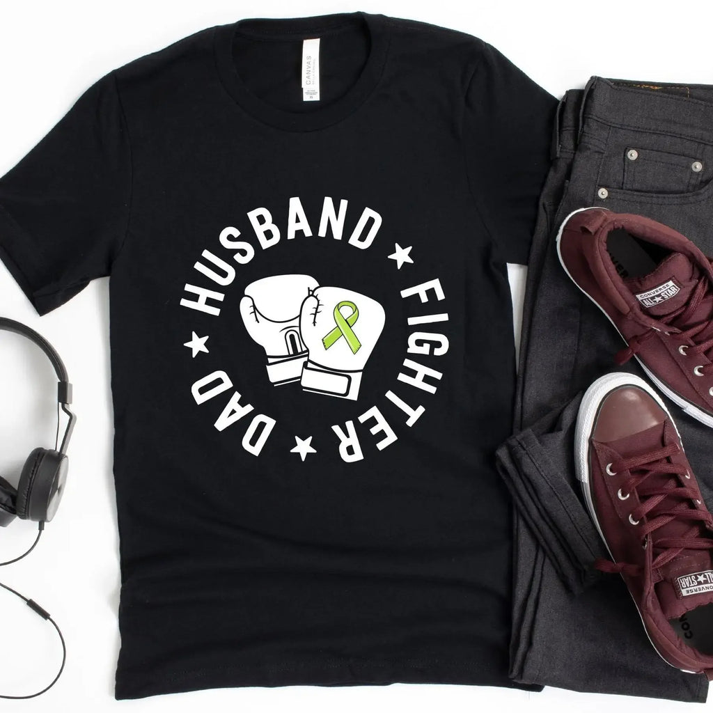 Dad Husband Fighter T Shirt Father Lime Green Ribbon Lymphoma Cancer Non Hodgkin Chemotherapy