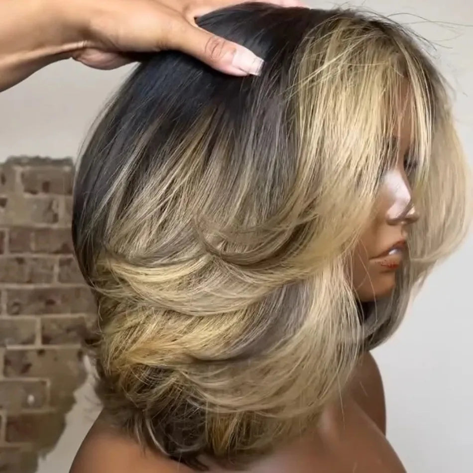 Blonde Highlight Layered Cut Bob 5X5 Lace Closure Wig Short Bob Wig Human Hair 100% Colored Highlight Ombre Straight For Women