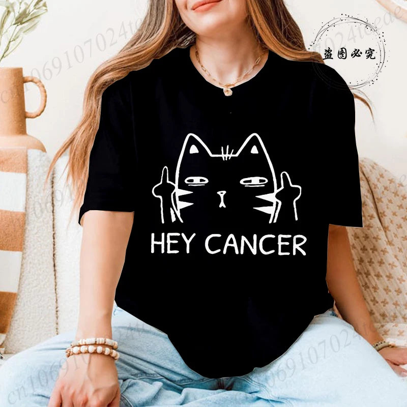 "Hey Cancer" Survivor T-Shirts, Cancer Warrior Shirt, Kitten Awareness Month Tee, Cancer Fighter Gift Shirt for Women Clothing