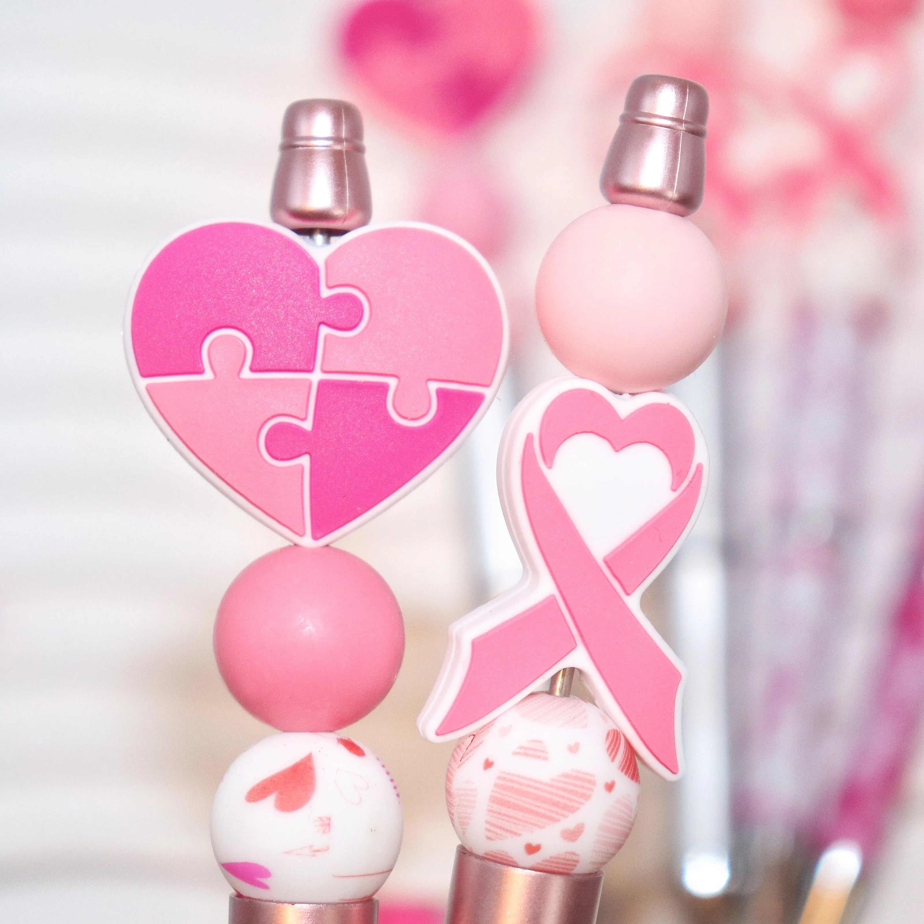 6PCS New Pink Ribbon Love Breast Cancer Awareness Theme Beaded Ballpoint Pen And Silicone Bead Set, Office &School Supply