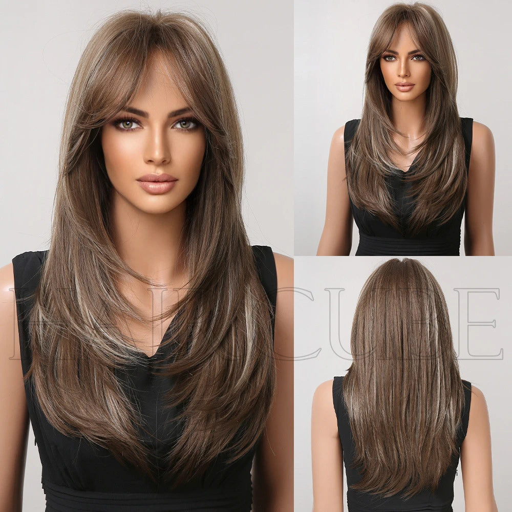 European and American wig, high level wig with bangs, gradient gold, brown, red wig for women's daily wear