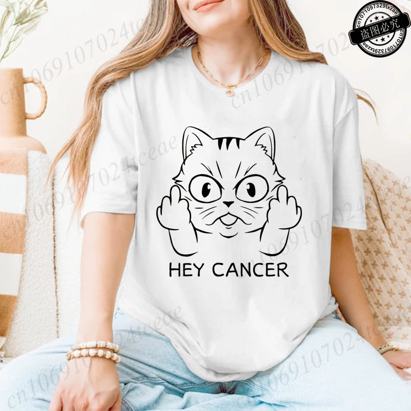 "Hey Cancer" Survivor T-Shirts, Cancer Warrior Shirt, Kitten Awareness Month Tee, Cancer Fighter Gift Shirt for Women Clothing
