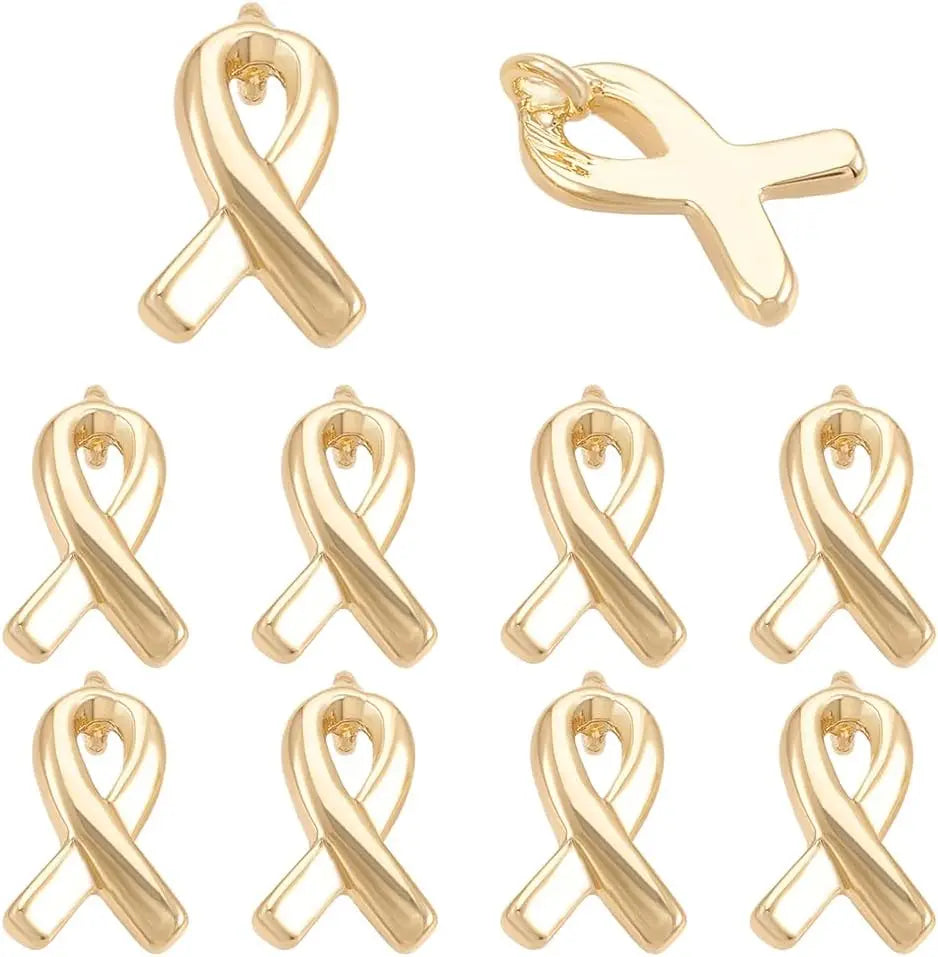 10pcs CHARM to put on necklace; Gold Plated Awareness Ribbon Charms Breast Cancer Brass Hope Awareness Pendant Charms with Loop