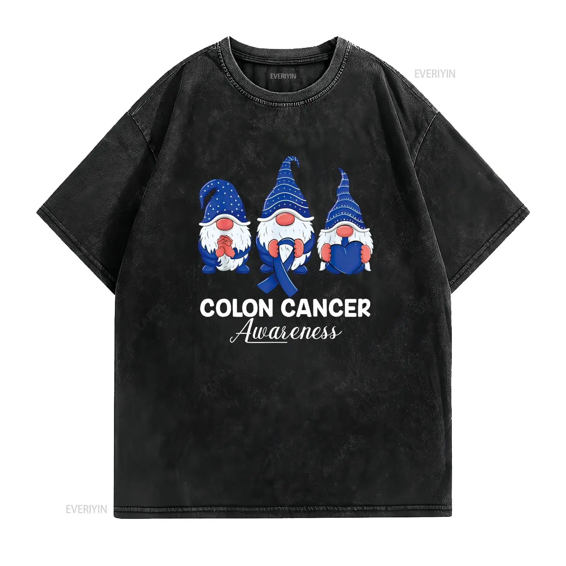 Colon Cancer Support gnomes with ribbon; Colorectal Awareness T Shirt vintage Washed Stretched graphic Top For Everyday Wear