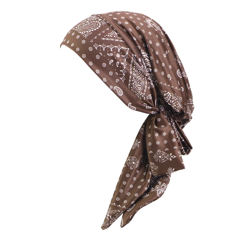 Cap Elastic Print Flower Pre-Tied Long Tail Headscarf Wrap Chemo Bonnet or Band