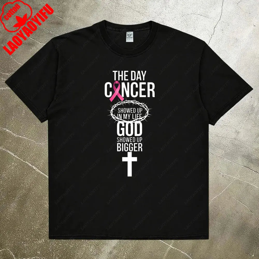 Breast Cancer Awareness Month Women Shirt Breast Cancer Awareness God Showed Up Bigger Christian Quote for T-Shirts Tops