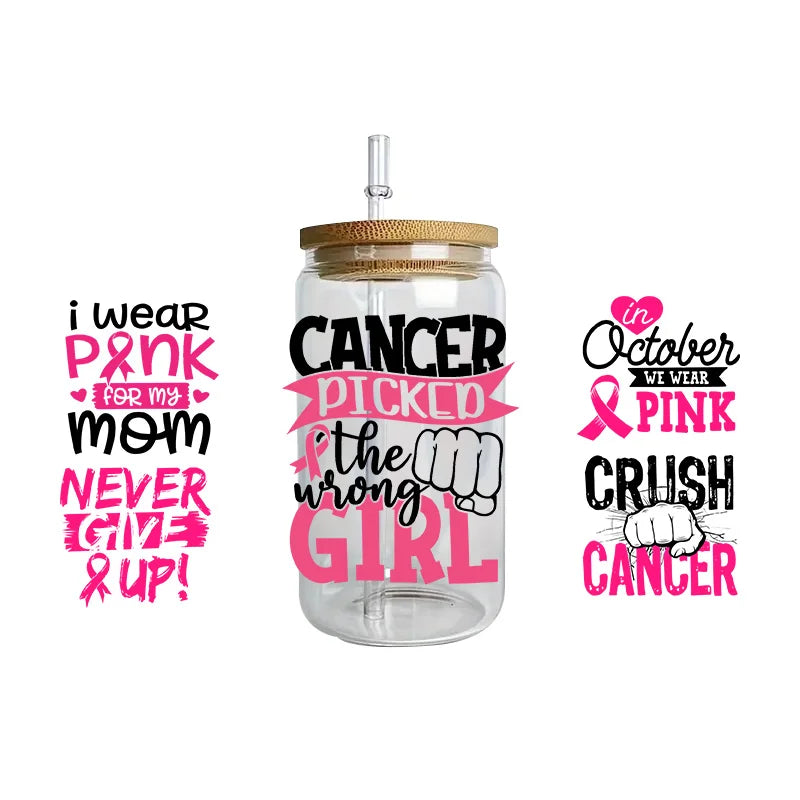 Pink Ribbon Affirmation Cup Wraps Decals for 16oz Libbey Glass Breast Cancer Awareness 3D Transfer Stickers UV DTF Cup Wraps