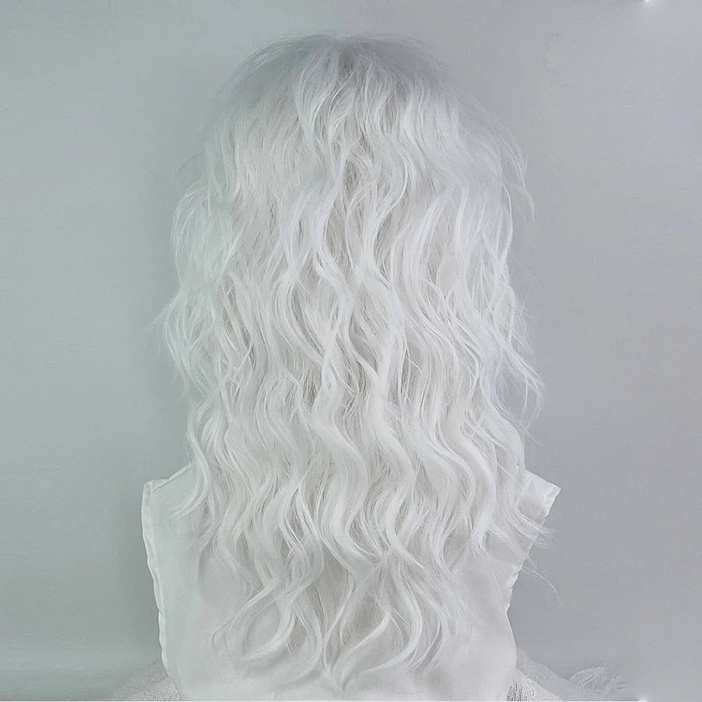 Long Wavy Curly White Synthetic Wig with Bangs Heat Resistant  Women Fluffy Lolita Cosplay Wig for Daily Party