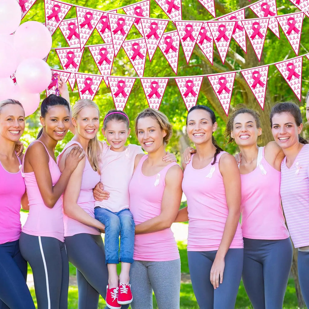 100FT Pink Ribbon Banner-60 PCS Breast Cancer Awareness Pennant Flags to Celebrate someone,  Pre-assembled Decor for Outdoor Indoor Party Wall