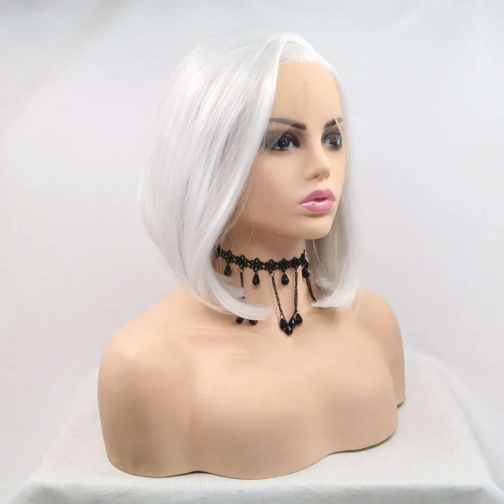 White Bob Synthetic Lace Front Wig Silver Platinum Blonde 14 Inch Side Part Heat Resistant Fiber Wig for Women