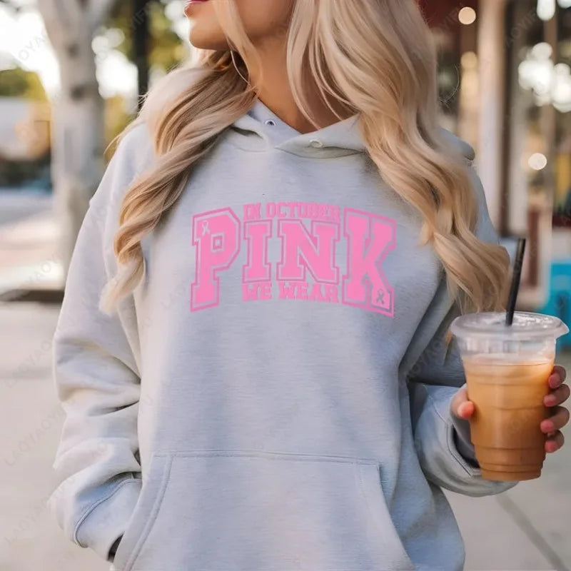 Survivor Friendship Preppy Cute Hoodie in October We Wear Pink Breast Cancer Sweatshirt Men Women Simple All Match Warm Pullover