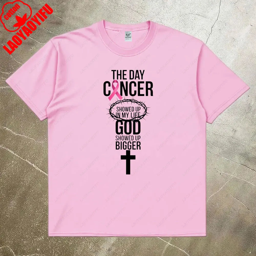 Breast Cancer Awareness Month Women Shirt Breast Cancer Awareness God Showed Up Bigger Christian Quote for T-Shirts Tops