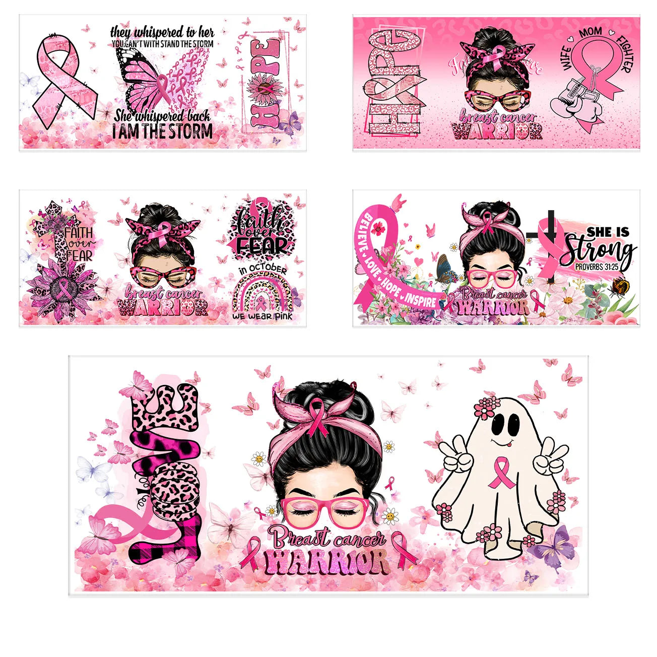 Pink Ribbon Affirmation Cup Wraps Decals for 16oz Libbey Glass Breast Cancer Awareness 3D Transfer Stickers UV DTF Cup Wraps