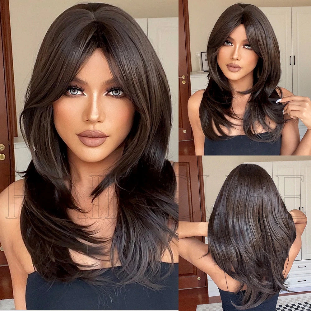 European and American wig, high level wig with bangs, gradient gold, brown, red wig for women's daily wear