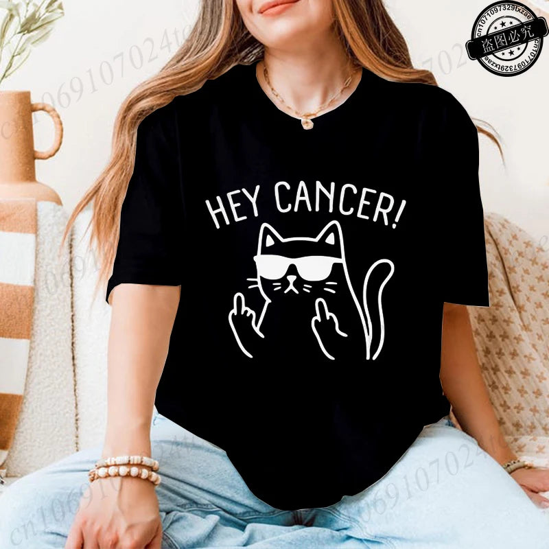 "Hey Cancer" Survivor T-Shirts, Cancer Warrior Shirt, Kitten Awareness Month Tee, Cancer Fighter Gift Shirt for Women Clothing