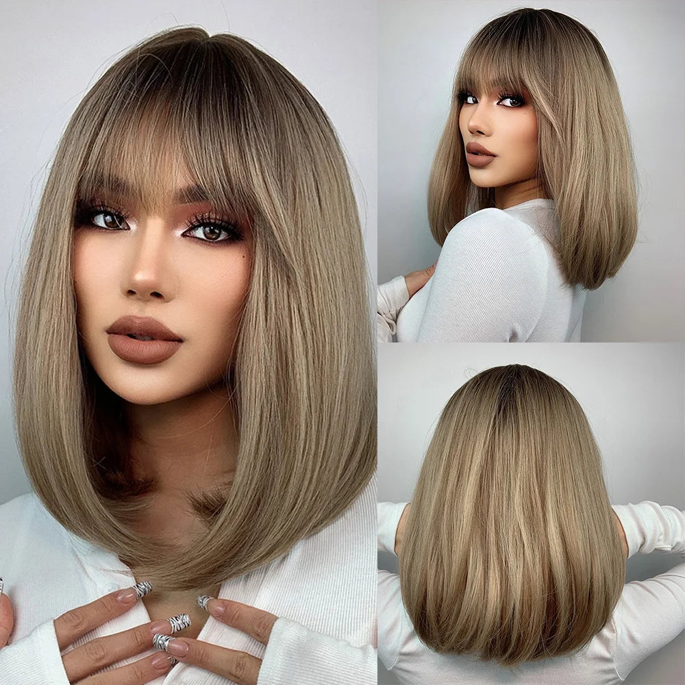 GEMMA Dark Brown BoBo Synthetic Wig with Bangs Shoulder Length Straight Wig for Women Cosplay Daily Hair Wig Heat Resistant Fibr