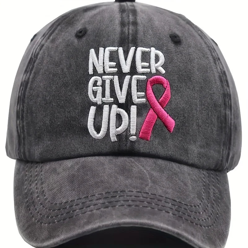 A Pink Ribbon Embroidered Baseball Cap Breast Cancer Awareness, Featuring a 'Never Give Up' Message, Designed for