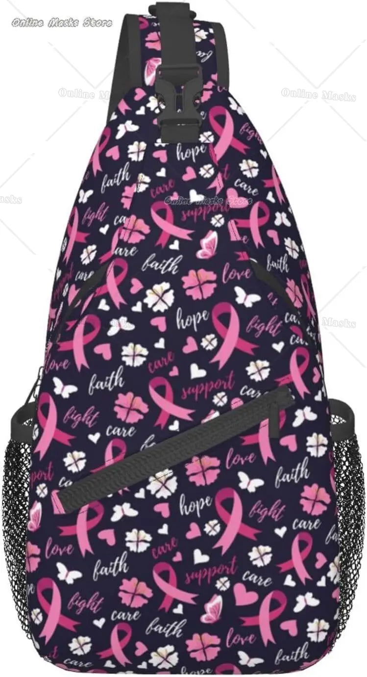 Breast Cancer Pink Awareness Ribbon Sling Bag for Women Girls Shoulder Backpack Chest Bags Crossbody Daypack for Hiking Camping