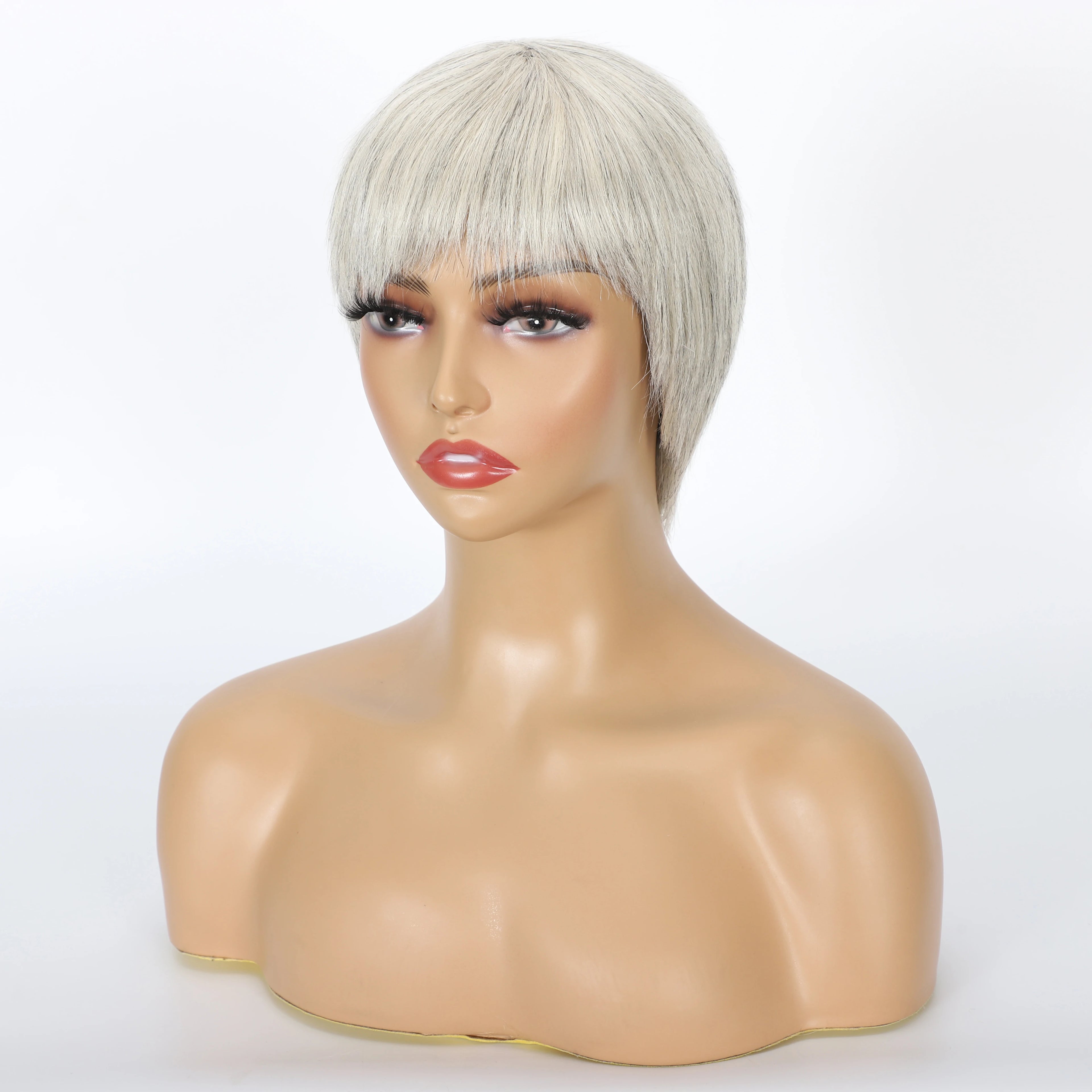 Ombre Grey Short Pixie Cut Wig with Bangs Salt and Pepper Human Hair Wig Pre Plucked Glueless Gray Bob Wig Full Machine Made