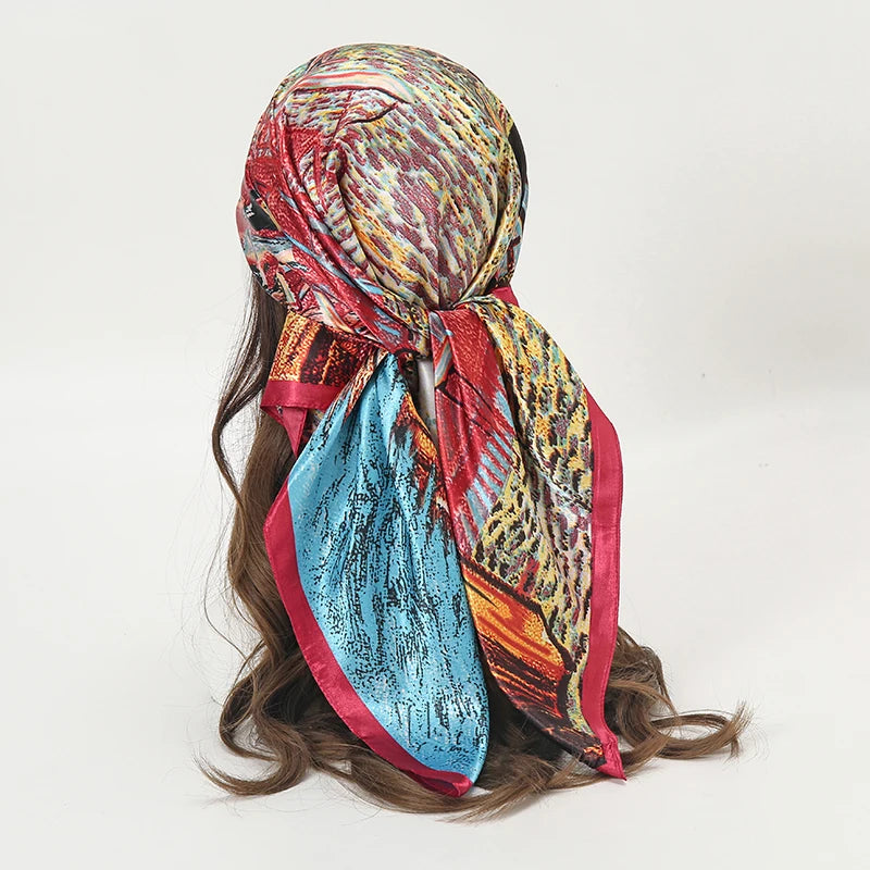 Satin Square Scarf Women  Elegant 2025 Print Silk Neckerchief Shawl Wraps Headband Handle Hair Accessories Bandana