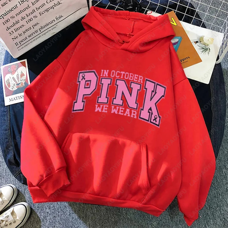 Survivor Friendship Preppy Cute Hoodie in October We Wear Pink Breast Cancer Sweatshirt Men Women Simple All Match Warm Pullover