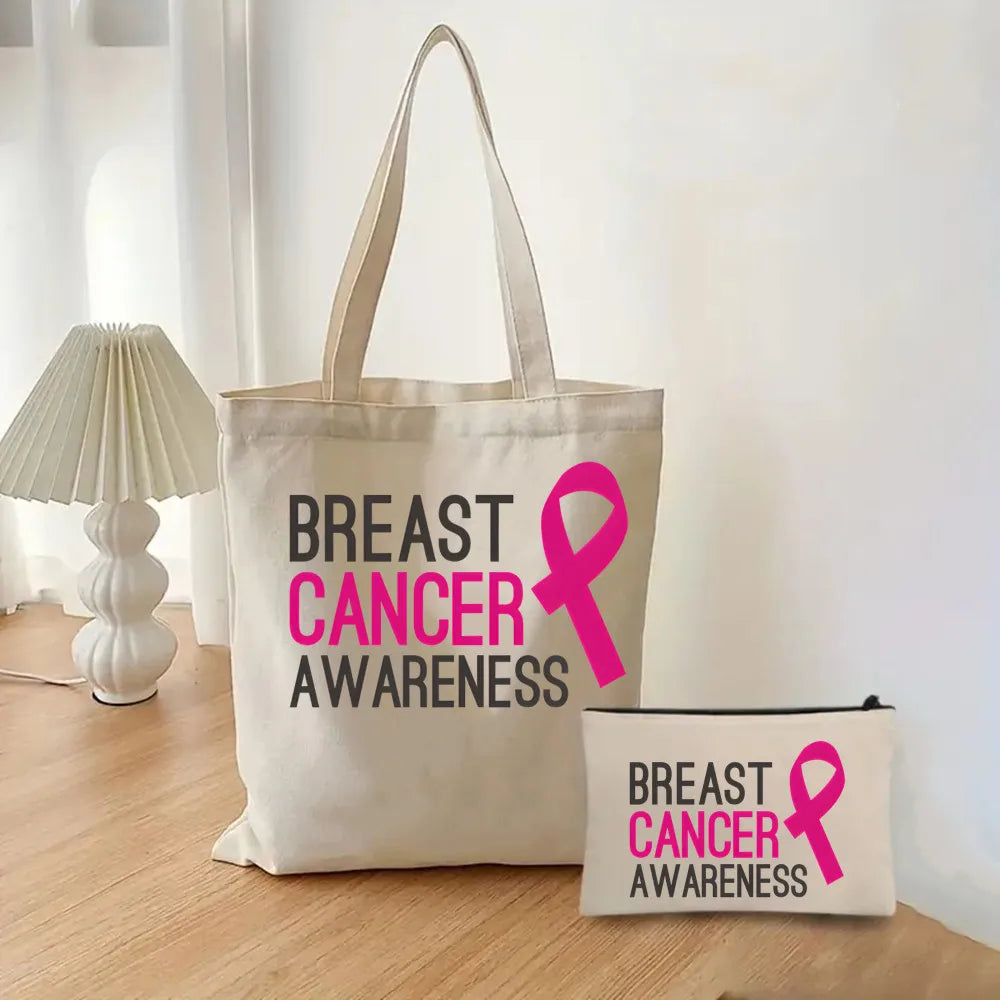 October Pink Breast Cancer Awareness Pattern Bag Set, Lightweight Large Capacity Tote Bag, Party Gift Handbag for Girls