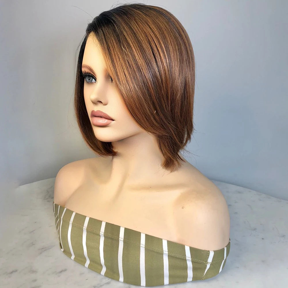 Synthetic Lace Front Wig L Part Straight Short Bob Ombre Rachel Brown Colored Soft Hair Wigs For Women Right Side Part