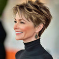 Short Brown Mixed Golden Highlights Human Hair Full Machine-Made Pixie Cut Wig for Black Women