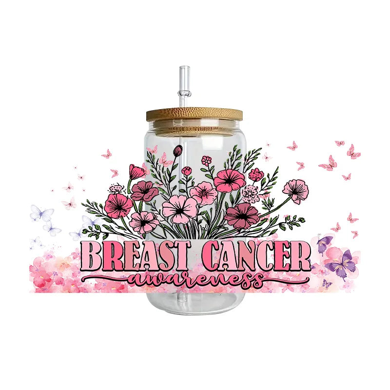 Pink Ribbon Affirmation Cup Wraps Decals for 16oz Libbey Glass Breast Cancer Awareness 3D Transfer Stickers UV DTF Cup Wraps