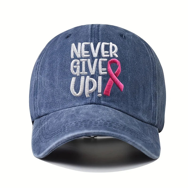 A Pink Ribbon Embroidered Baseball Cap Breast Cancer Awareness, Featuring a 'Never Give Up' Message, Designed for