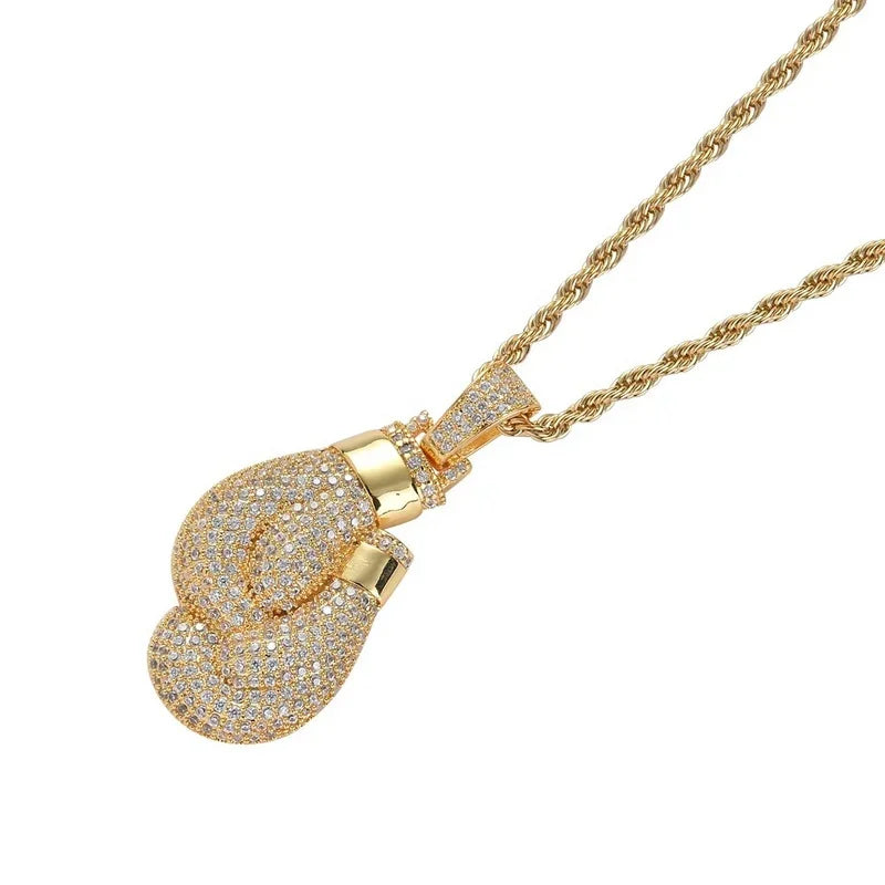 KEEP FIGHTING Boxing Gloves Pendant Necklace and Pendant Gold color rhinestones Men's /Women's fighting Necklace Pendant Jewelry