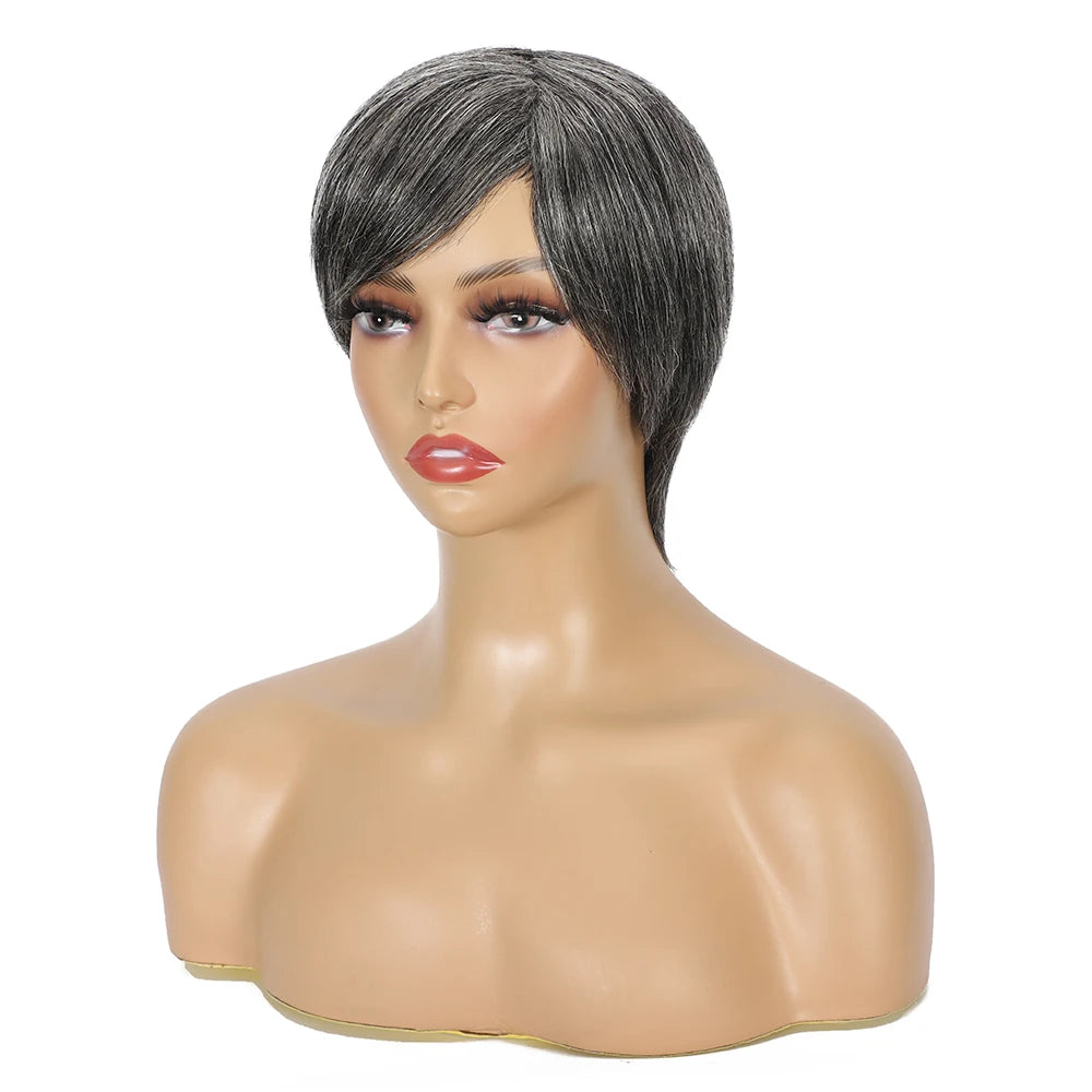 Ombre Grey Short Pixie Cut Wig with Bangs Salt and Pepper Human Hair Wig Pre Plucked Glueless Gray Bob Wig Full Machine Made