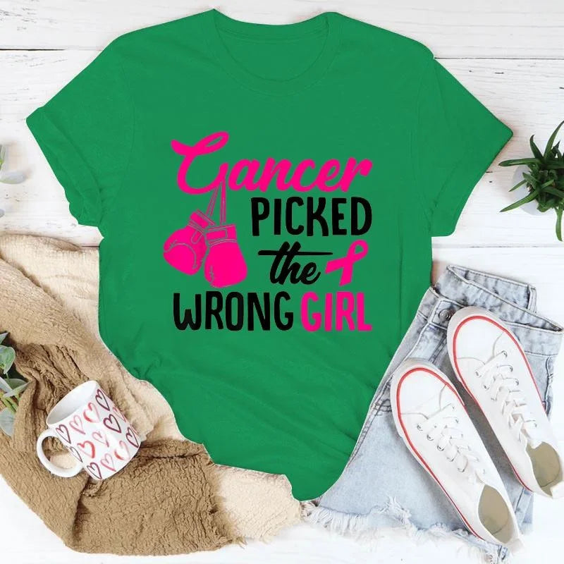 Breast Cancer Cancer Picked The Wrong Girl Printing T-Shirt Fashion Short Sleeve Summer Cool Hip Hop Top Tee