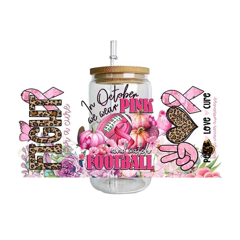 Pink Ribbon Affirmation Cup Wraps Decals for 16oz Libbey Glass Breast Cancer Awareness 3D Transfer Stickers UV DTF Cup Wraps