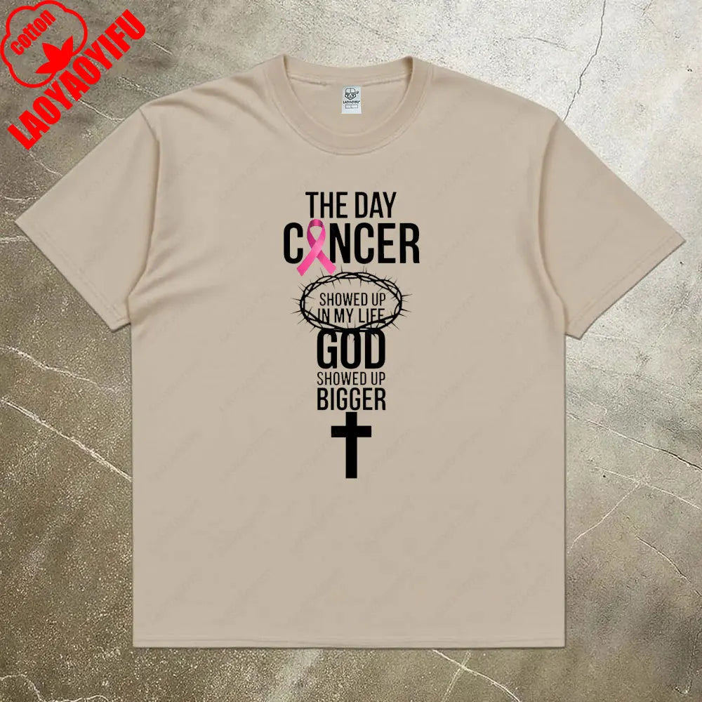 Breast Cancer Awareness Month Women Shirt Breast Cancer Awareness God Showed Up Bigger Christian Quote for T-Shirts Tops