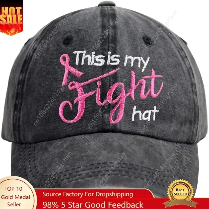This is My Fight Hat, Distressed Cotton Adjustable Embroidered Pink Ribbon Breast Cancer Baseball Cap