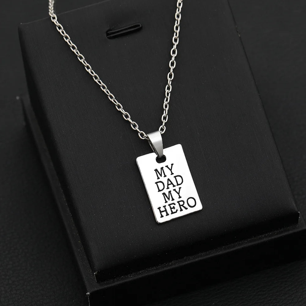 "MY DAD MY HERO" Keychain Necklace for Men Women Square Brand Carved Letter Pendant Chain Key Ring Accessories Father's Day Gift