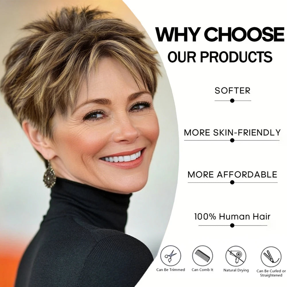 Short Brown Mixed Golden Highlights Human Hair Full Machine-Made Pixie Cut Wig for Black Women